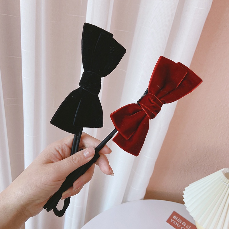 New Fashion Deft Bun Maker Vintage Black Red Velvet Bow Hair Styling