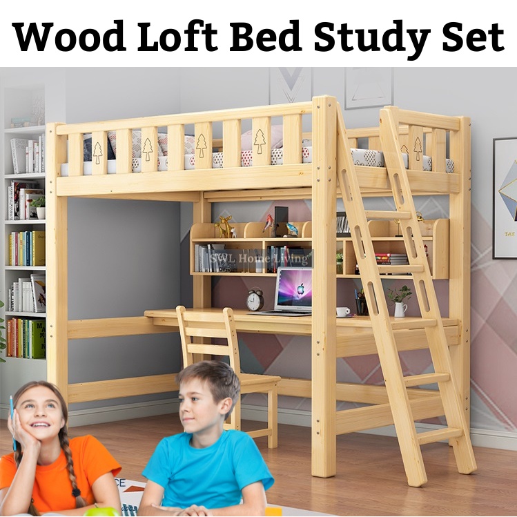 Children Loft Bunk Bed Study Desk Full Set Space Saving Child Double ...