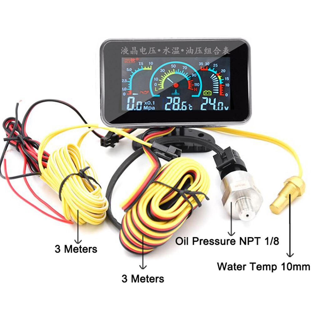 3-in-1 Digital LCD Gauge: Car Voltmeter, Water Temperature, Oil Pressure Meter - Universal 9V-36V