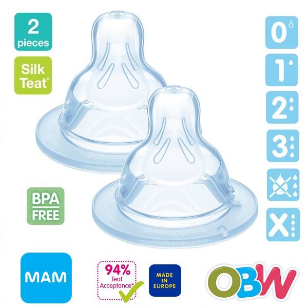 MAM Silk Teat (2pc/pack) Baby Bottle Teat Silicone Teat (Size 0, 1, 2, 3, X  & Spill Free)