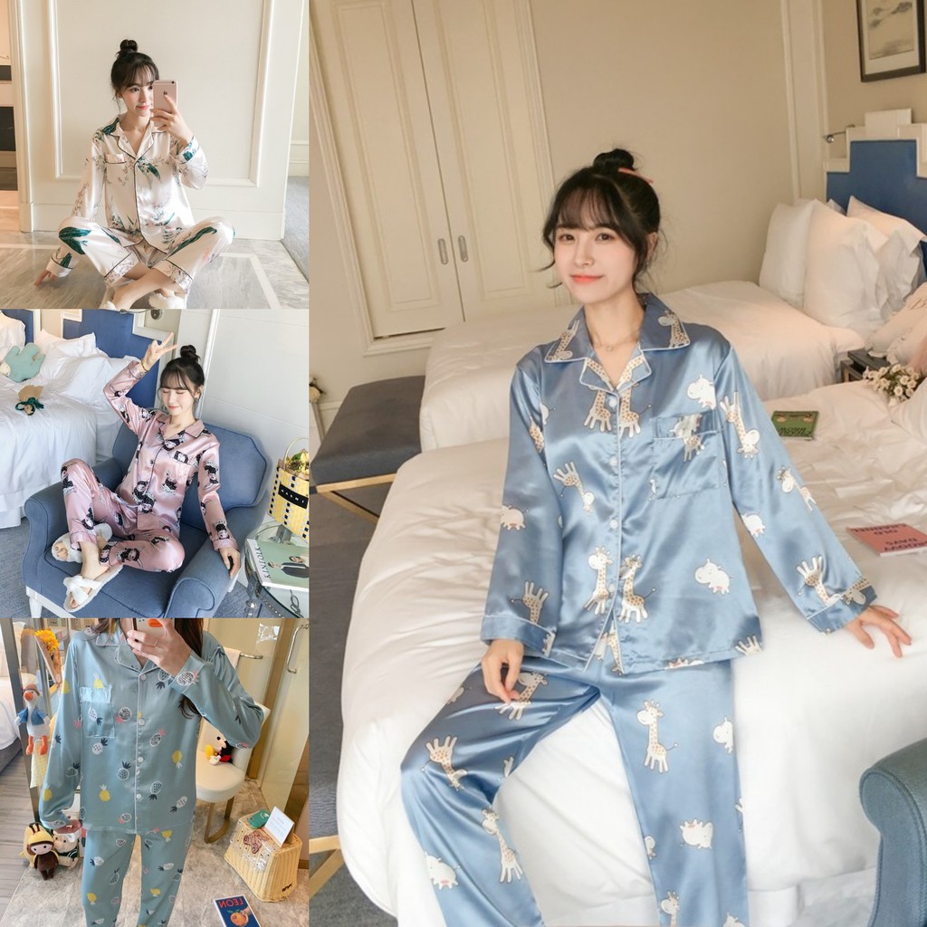 Women Pajamas Long Cardigan Sexy Pyjamas Silk Pajamas Cartoon Sleepwear  Home Service Pajama Sets Nightie Plus Size Lingere