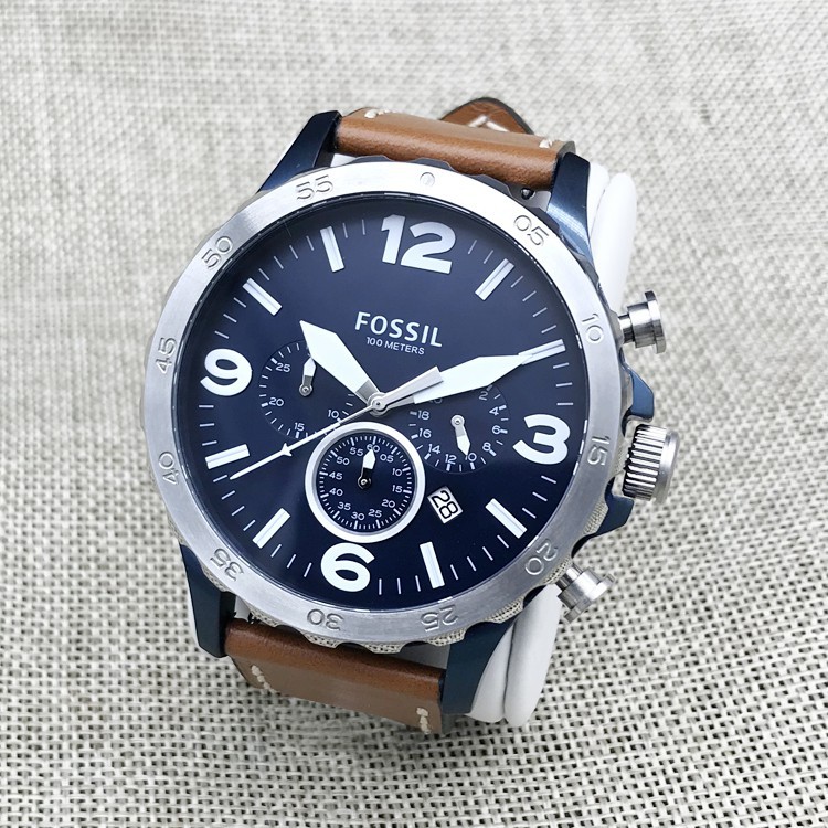 Authentic Fossil Men Chronograph Nate Navy Blue Dial Brown Leather ...