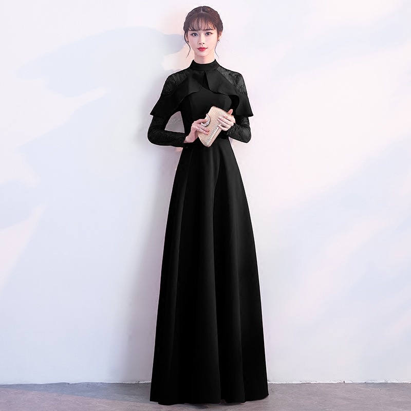 Black dinner dress long sleeve High Collar Dress Banquet Evening