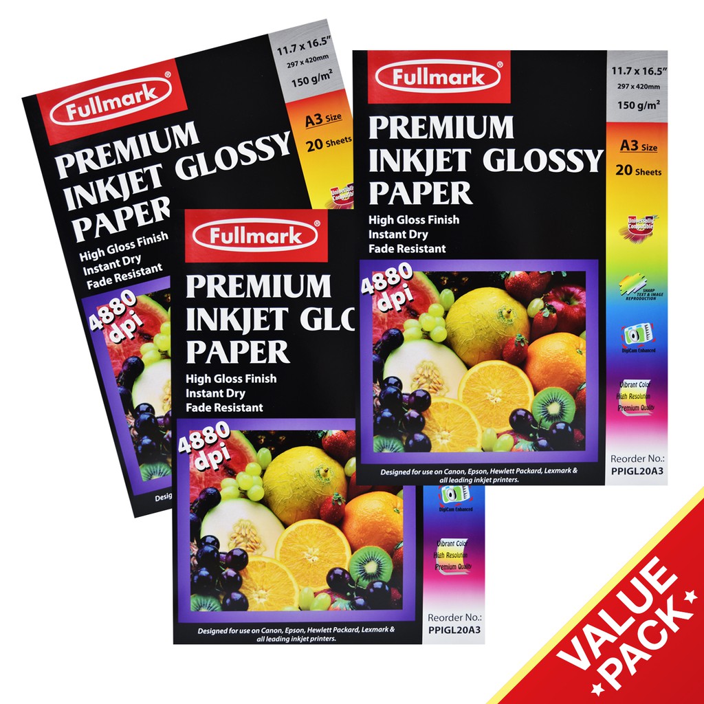 Fullmark A3 Glossy Paper Premium Inkjet 150gsm 3 pack (PPIGL20A3