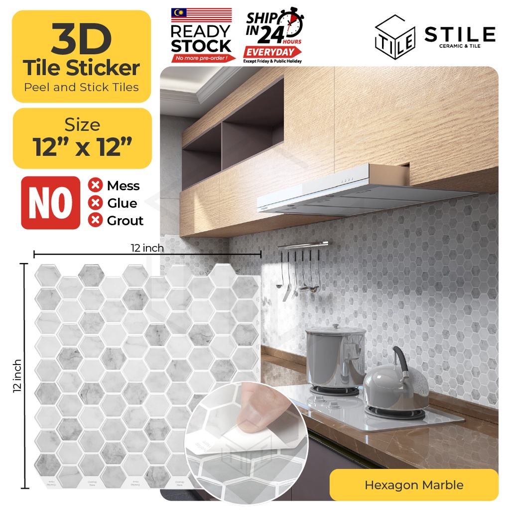 Hexagon Marble 3D Tiles Sticker Kitchen Bathroom Wall Tiles Sticker