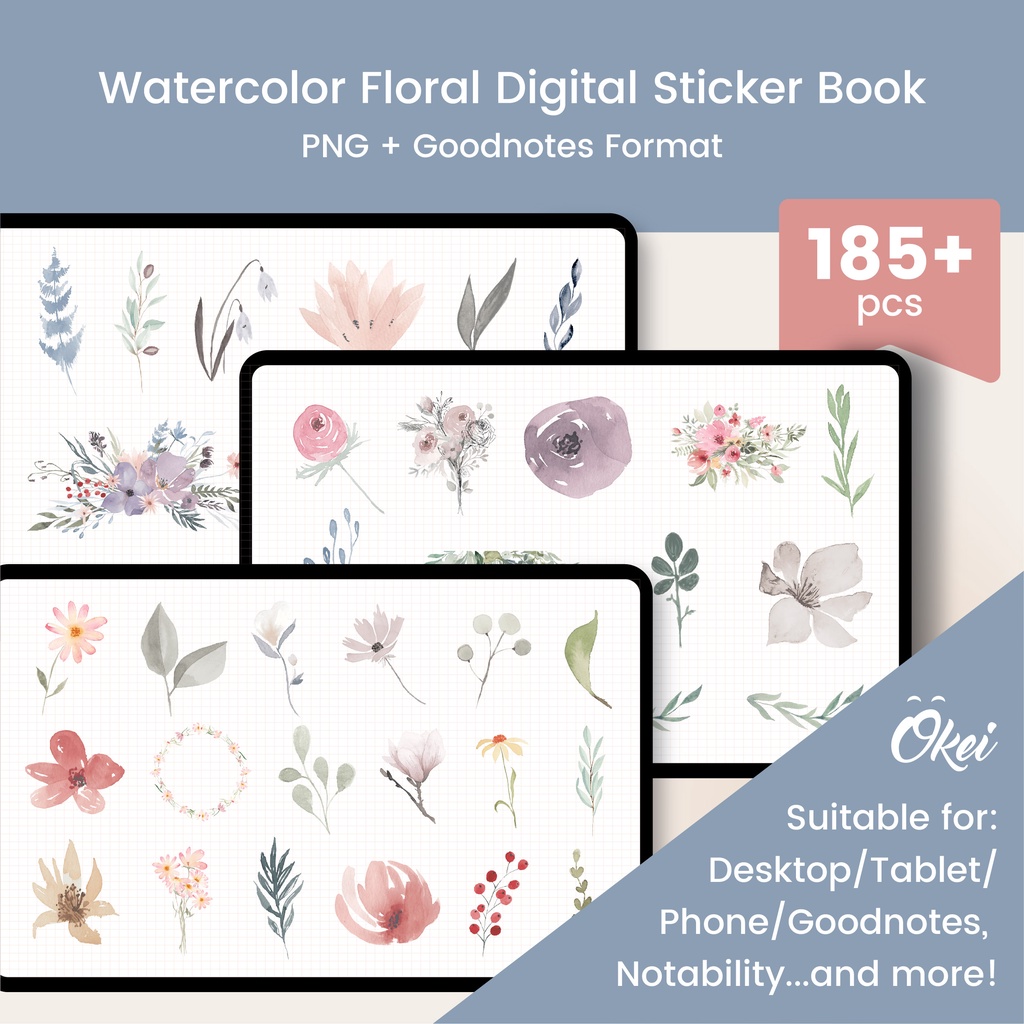 Watercolor Floral Illustration Digital Sticker Book, GoodNotes & PNG ...