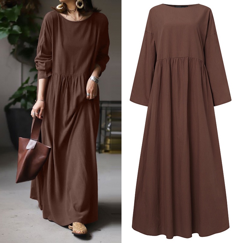 WOMEN‘S LONG DRESS Loose long dress cotton solid color long dress PLUS ...