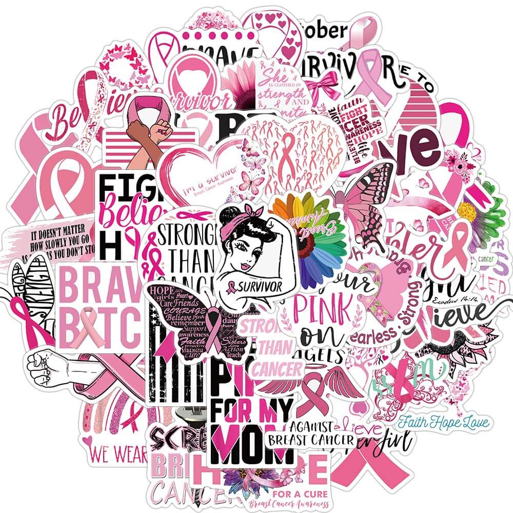 50pcs Breast Cancer Awareness Stickers Pink Ribbon Waterproof Decal for ...