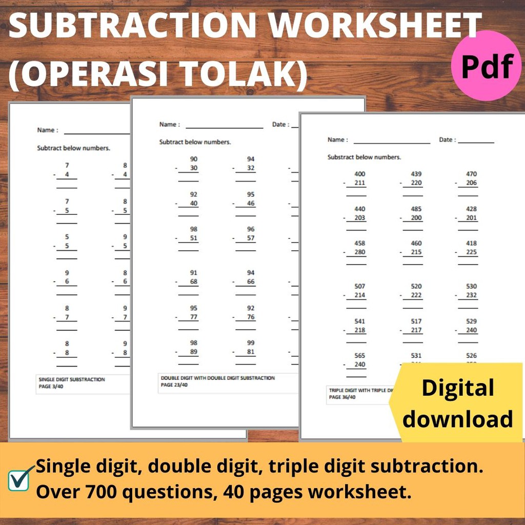 Printables Math Workbook Buku Latihan Matematik Operasi Tolak ...