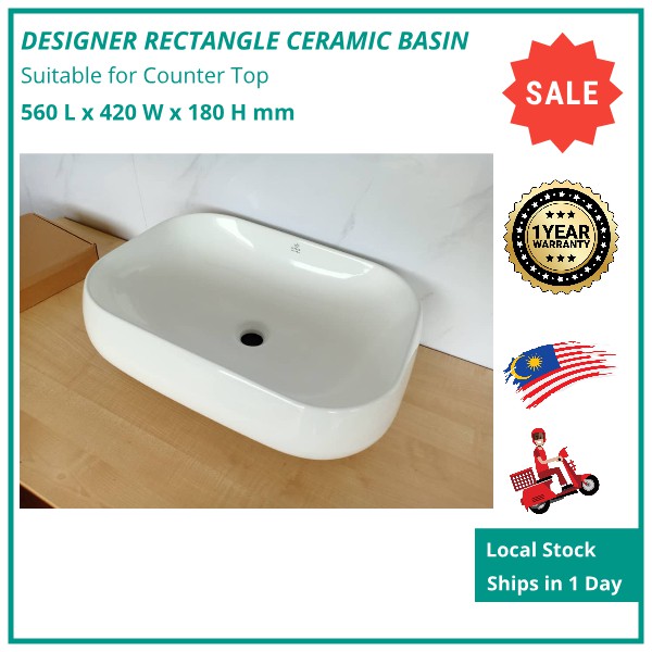 Premium Bathroom 560MM Rectangle Deep Counter Top Ceramic Basin Sink ...