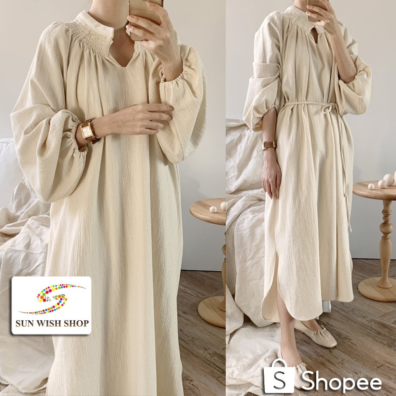 🌞SUNWISH🌞 Knitting Collar Korean Linen Cotton Loose Long Dress Labuh ...