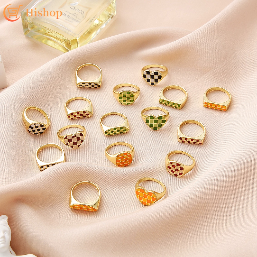 Gold Checkerboard Geometry Rings Heart Shape Colorful Rings for Women ...