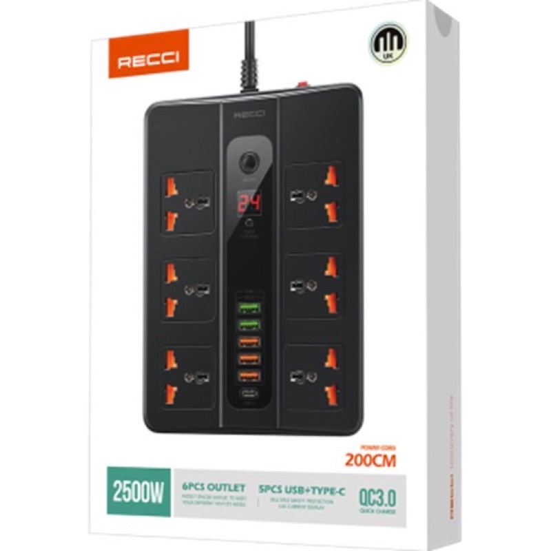 RECCI RC07 UK Power Socket with 5 USB + 1 USB C + 6 Output With Timer ...