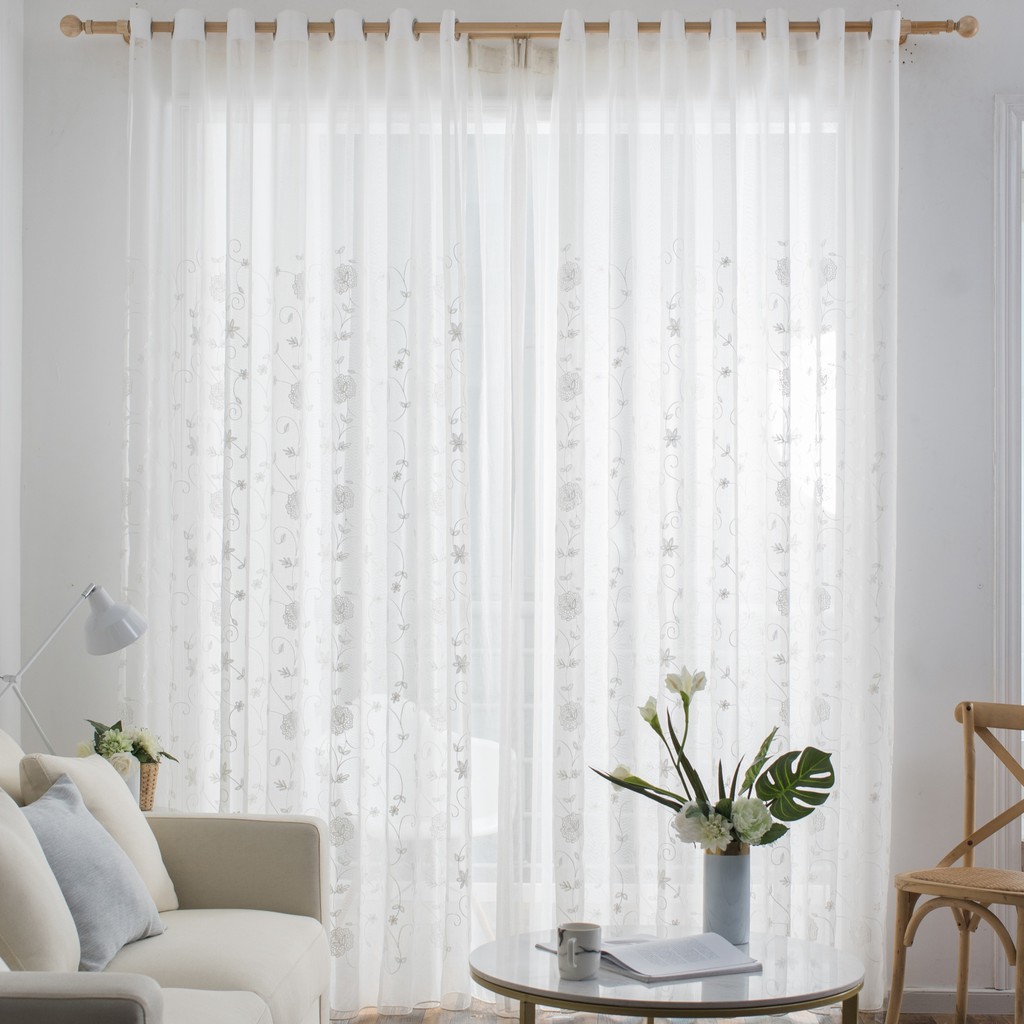 Langsir Putih Sulam   White Embroidery Flower Sheer Day Curtain Bedroom 