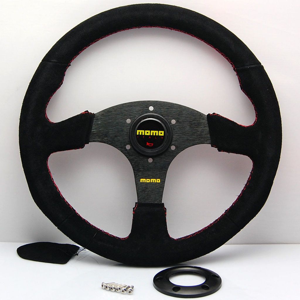14" MOMO Black Suede Leather Flat Steering Wheel OMP Racing Rally Red