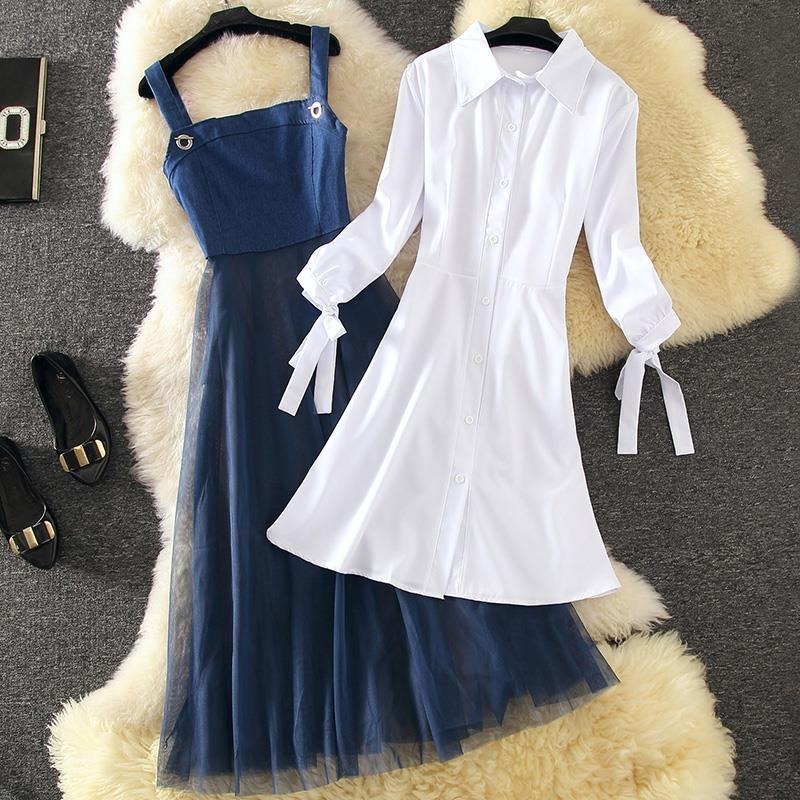 women elegant two piece set spring autumn long sleeve white blouse dress and spaghetti strap denim outfit ladies korean clothes Shopee Malaysia