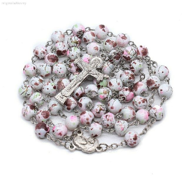 Olivenorma Pink Acrylic Heart Beaded Cross Rosary Necklace main image 1