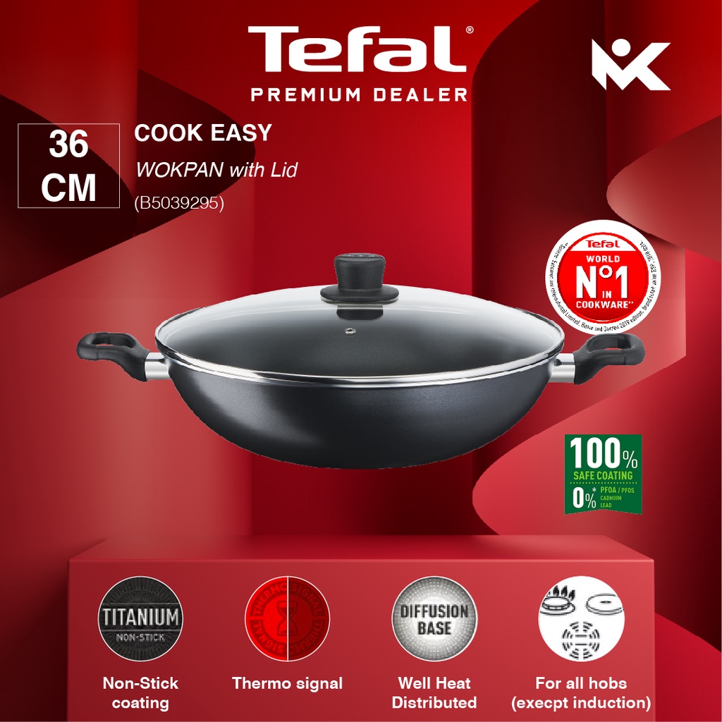 Tefal Cook Easy 36cm Non Stick Wok with Glass Lid B50392 B5039295