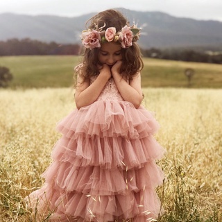 Flower Girl Long Princess Dress Vintage Lace Maxi Gown Kids Formal