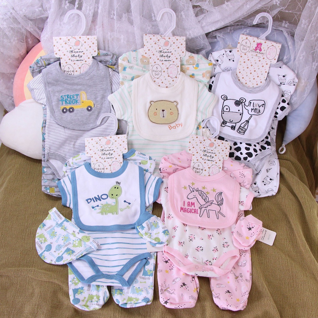 READY STOCK 5 PCS SET 5 IN 1 Baby set Jumpsuit Rompers Hat