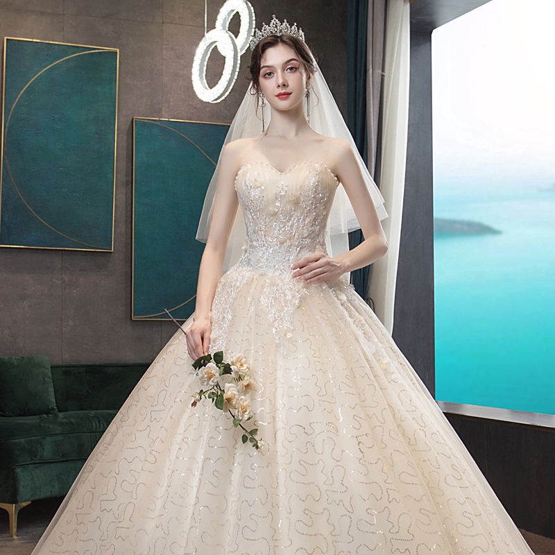Elegant Strapless Wedding Dress Simple Lace Pearl Decorated Long Tail Wedding Gown Dress Bridal Dresses Shopee Malaysia