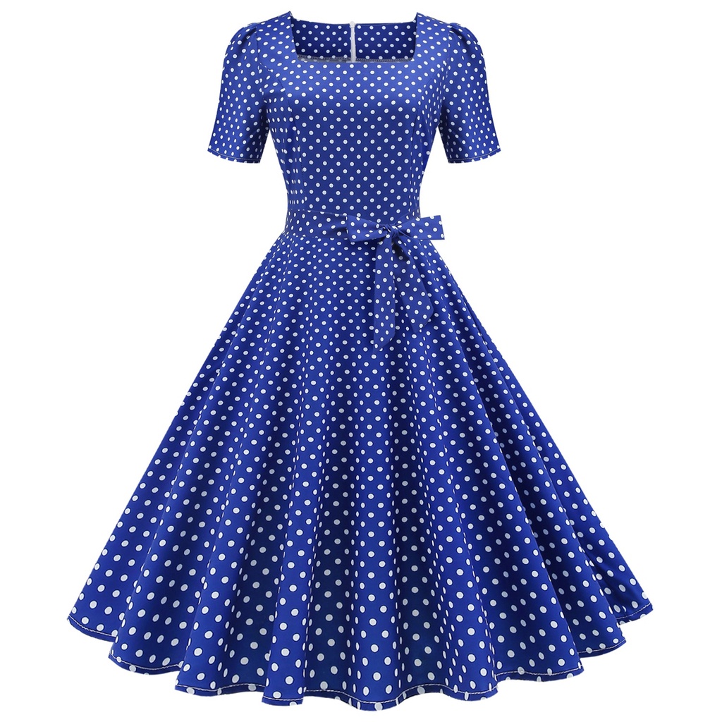 Retro Dot Short Sleeve Dress with Belt at Waist and Square Neck Style ...
