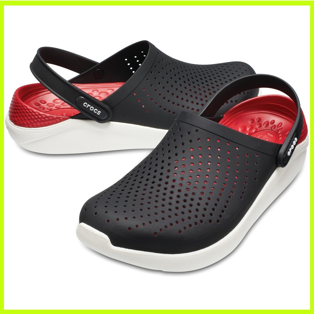 Red and black online crocs