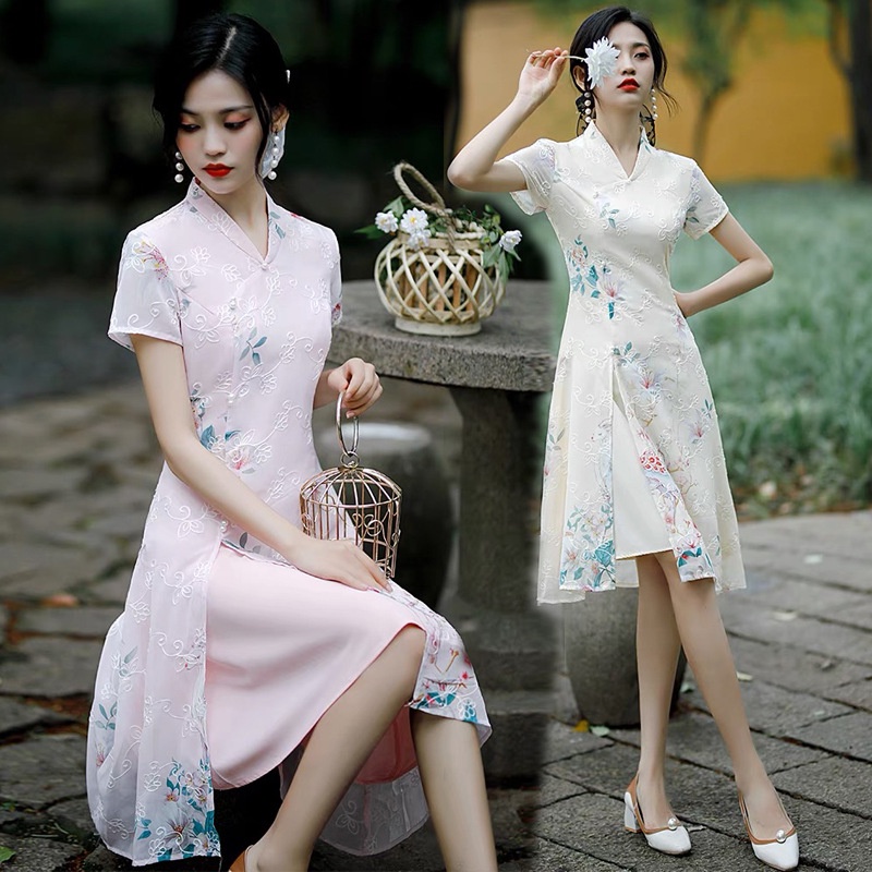 Chinese New Year Cheongsam Dress Qipao Women Flower Embroidery V Neck A Line Short Sleeve Chiffon Midi Dress Shopee Malaysia