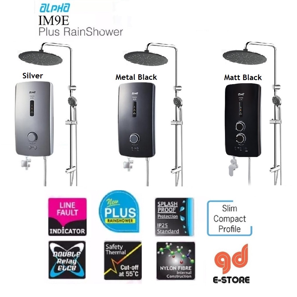 Alpha Water Heater IM9E Rain Shower Plus No Pump Silver Metal Black Matt  Black | Shopee Malaysia