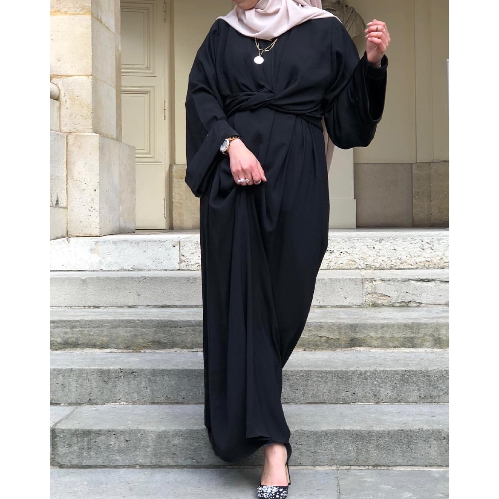 Elegant Muslim Jubah pink Abaya solid color Lace up long dress A line Full Dress long sleeve Vestidos Trumpet sleeve slim Long Robe Gowns Eid Ramadan Islamic Shopee Malaysia