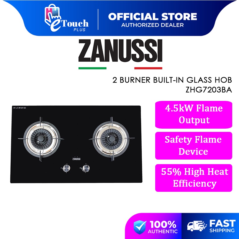 ZANUSSI (76CM/9.0KW) 2 BURNER BUILTIN GLASS HOB ZHG7203BA Shopee