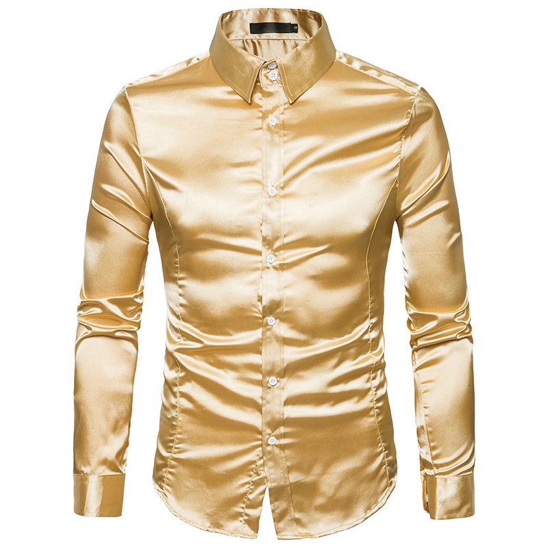 Men Gold Smooth Silk Satin Slim Fit Long Sleeve Dress Shirt | Shopee  Malaysia