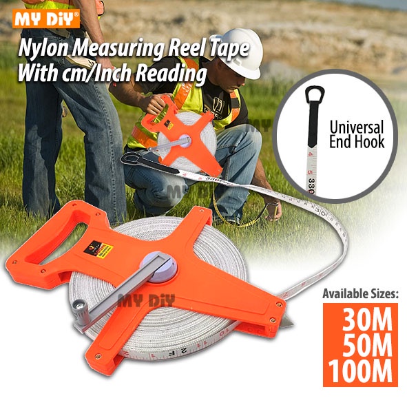 MYDIYSDNBHD - Nylon Measuring Tape 30m / 50m / 100m with 2 Reading Cm/Inch  / Surveyor Tape Measure Reel With End Hook