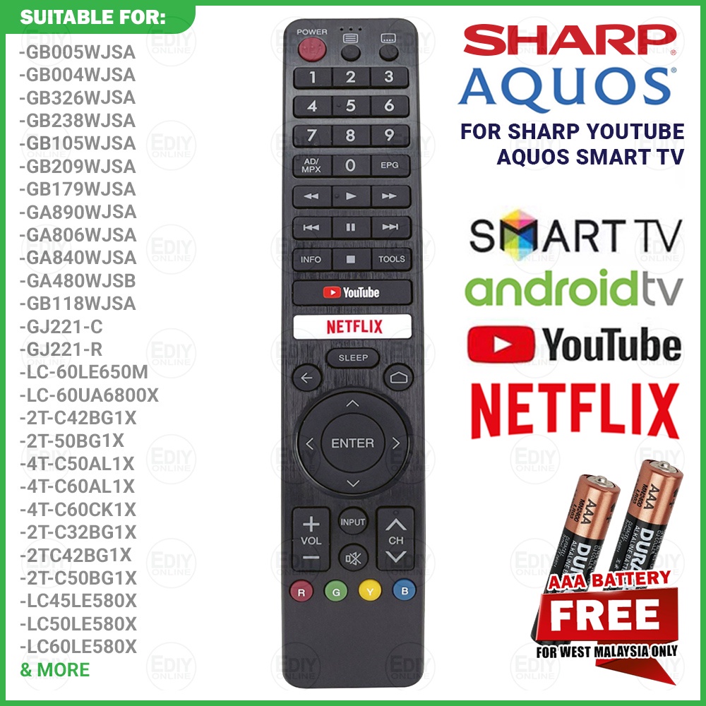 SHARP AQUOS SMART TV ANDROID YOUTUBE NETFLIX REMOTE CONTROL GB326WJSA ...