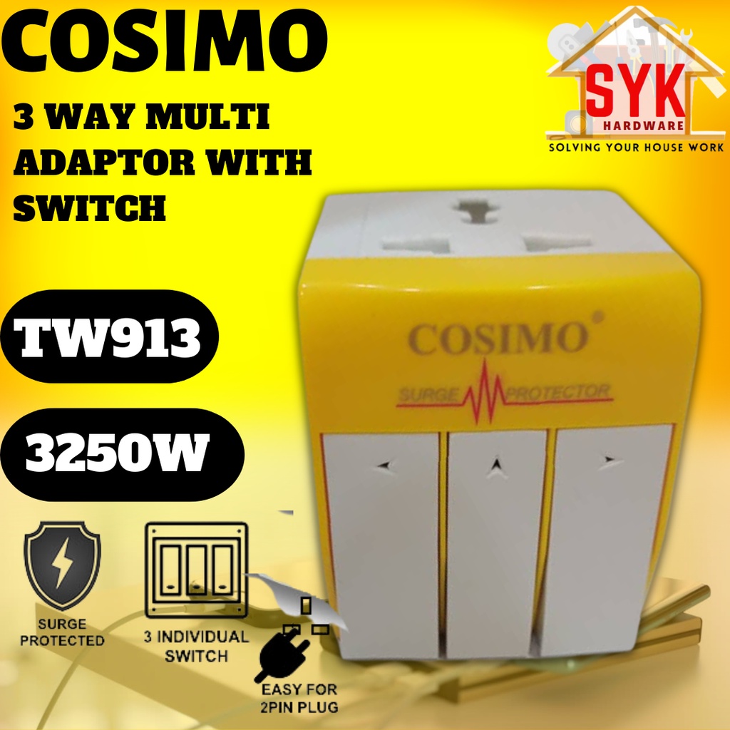 SYK COSIMO TW913 3250W 3Way Multi Adaptor With Switch Neon Led Surge ...