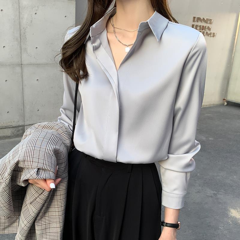 Casual Autumn Long Sleeve Womens Blouse Polo Chiffon Shirts Office Lady  Loose Long Tops Solid Color Bottoming Shirt 12