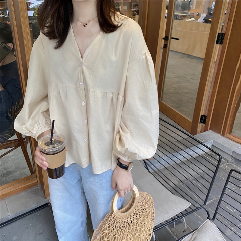 Korean Style Women Ladies Loose Lantern Long Sleeve Shirt Blouse Baju ...