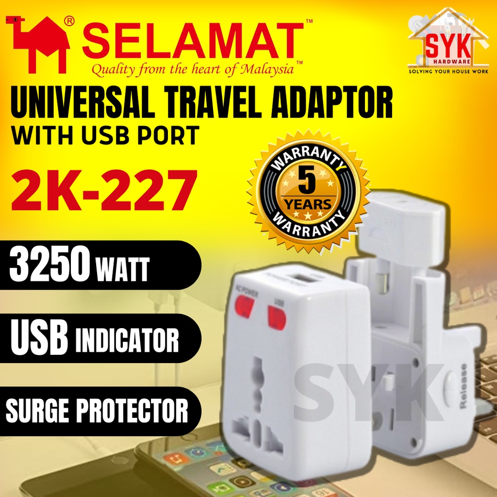 Syk Selamat 2k 227 Surge Protector 5 Way Universal Travel Adaptor With Usb Port Indicator Usb Us 0759