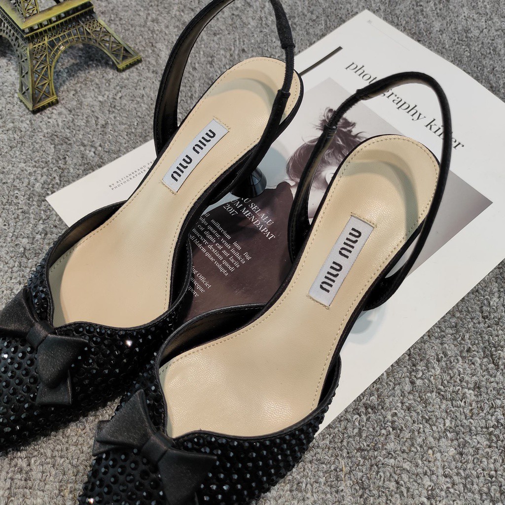 COD MIU MIU Pointed Toe Rhinestone Heel Shoes With Bow Knot