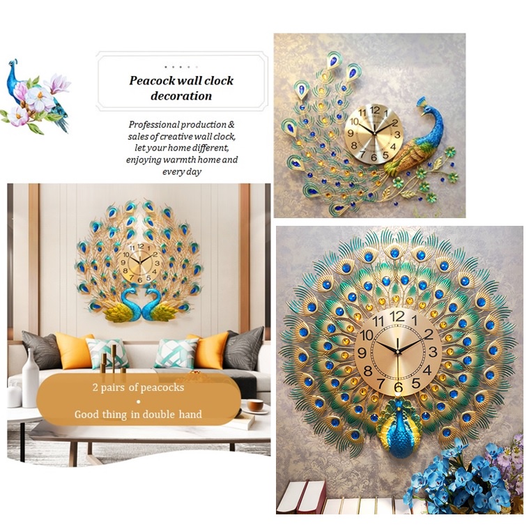 3D Beautiful Color Peacock Wing Decoration Wall Art Clock Creative