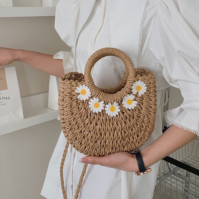 Small Daisy Handmade Woven Knitted Vintage Style Straw Bags Handbags Crossbody Bags Draw String Closure Beach casual Style Shopee Malaysia
