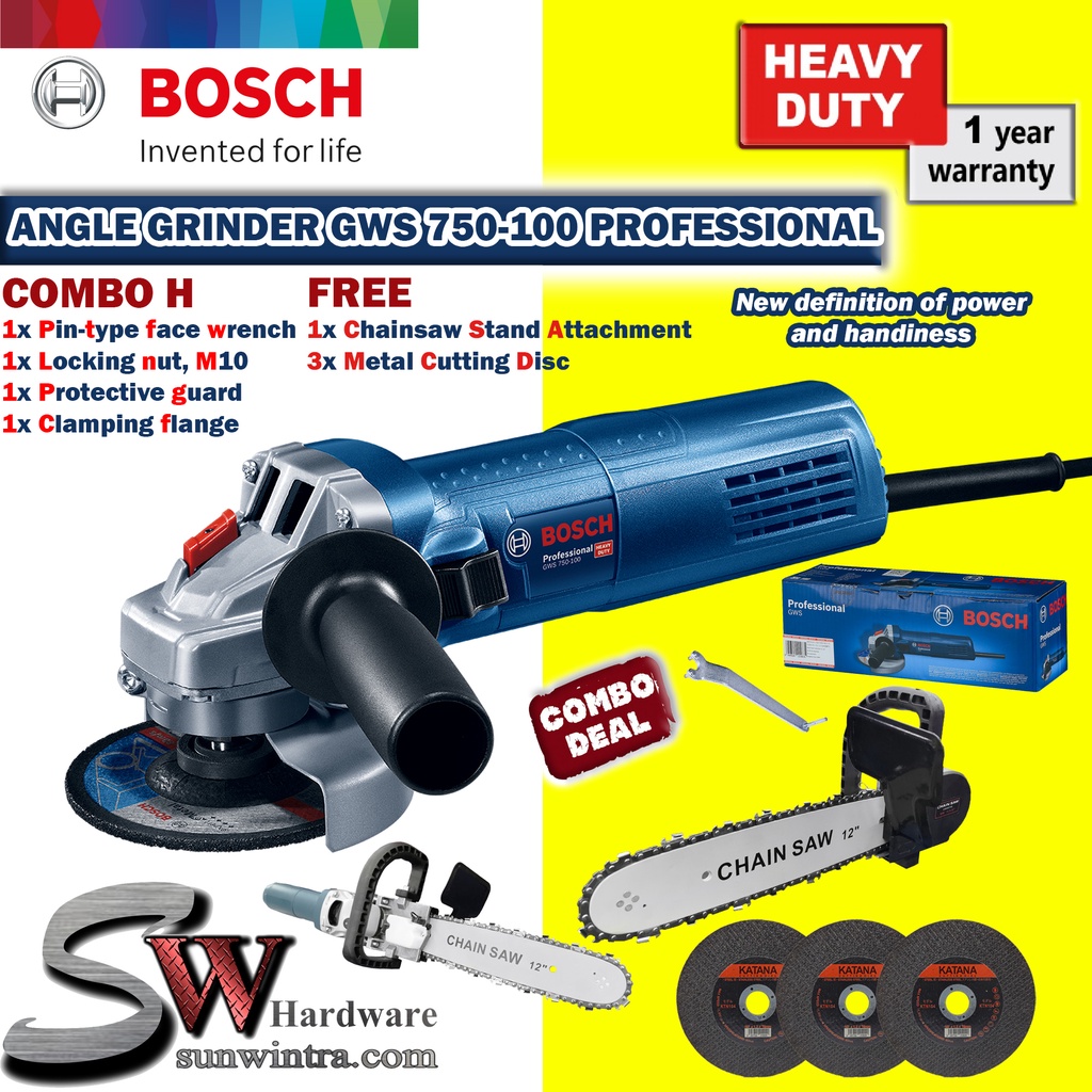 COMBO Bosch Angle Grinder GWS750100 Professional c/with Chainsaw Stand