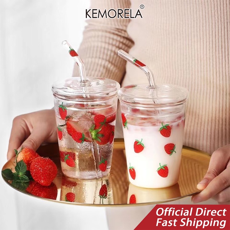 KEMORELA Creative Milk Cup 350ml Small Fresh Strawberry Glass with Lid ...