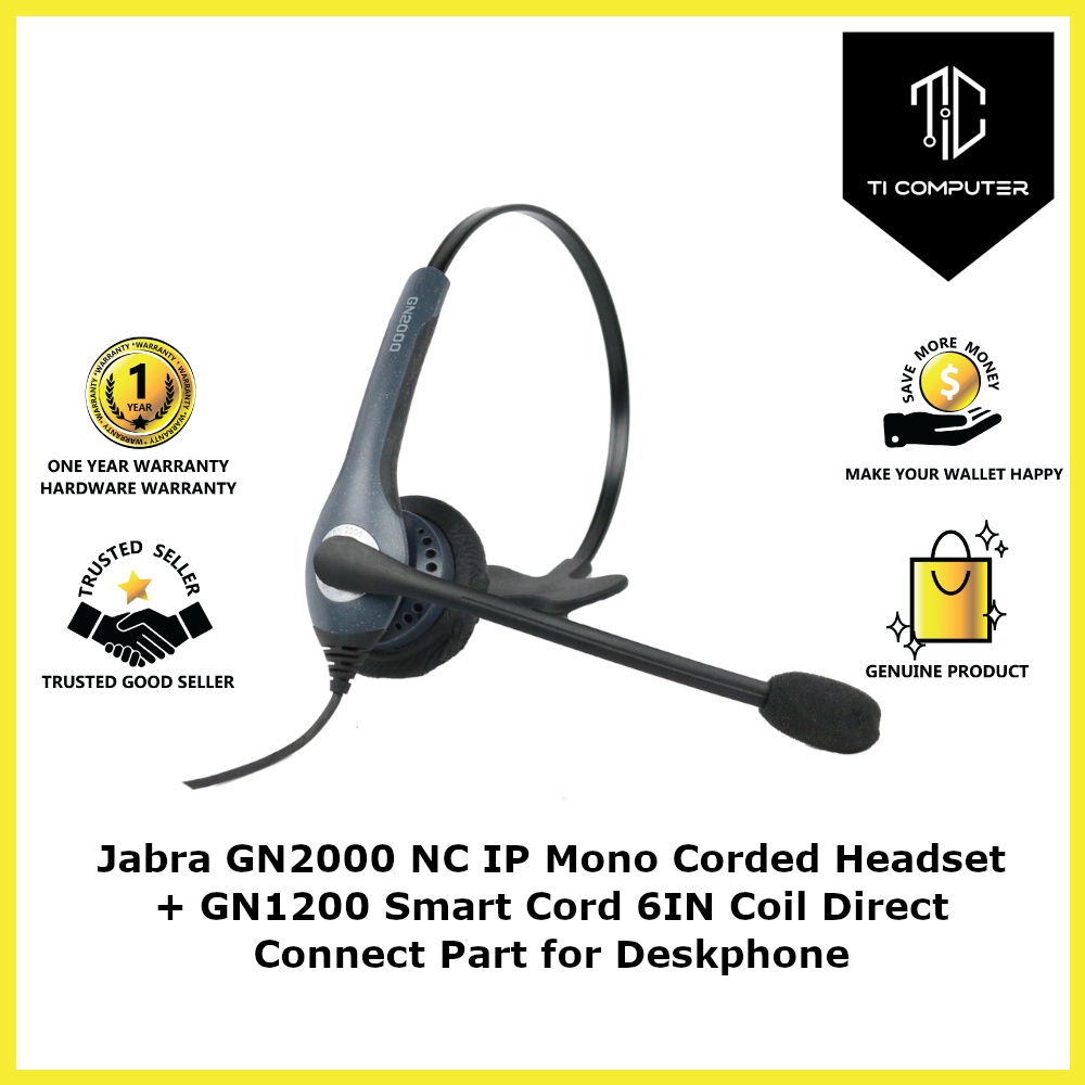 Jabra GN2000 NC IP Mono Corded Headset + GN1200 Smart Cord 6IN Coil