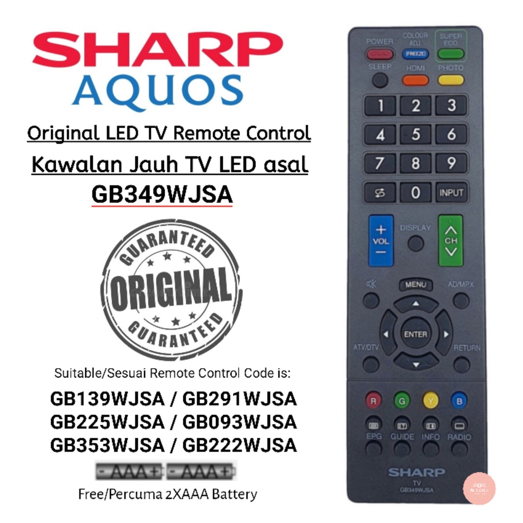 Original Sharp Led Flat Panel TV Remote Control GB349WJSA OR High