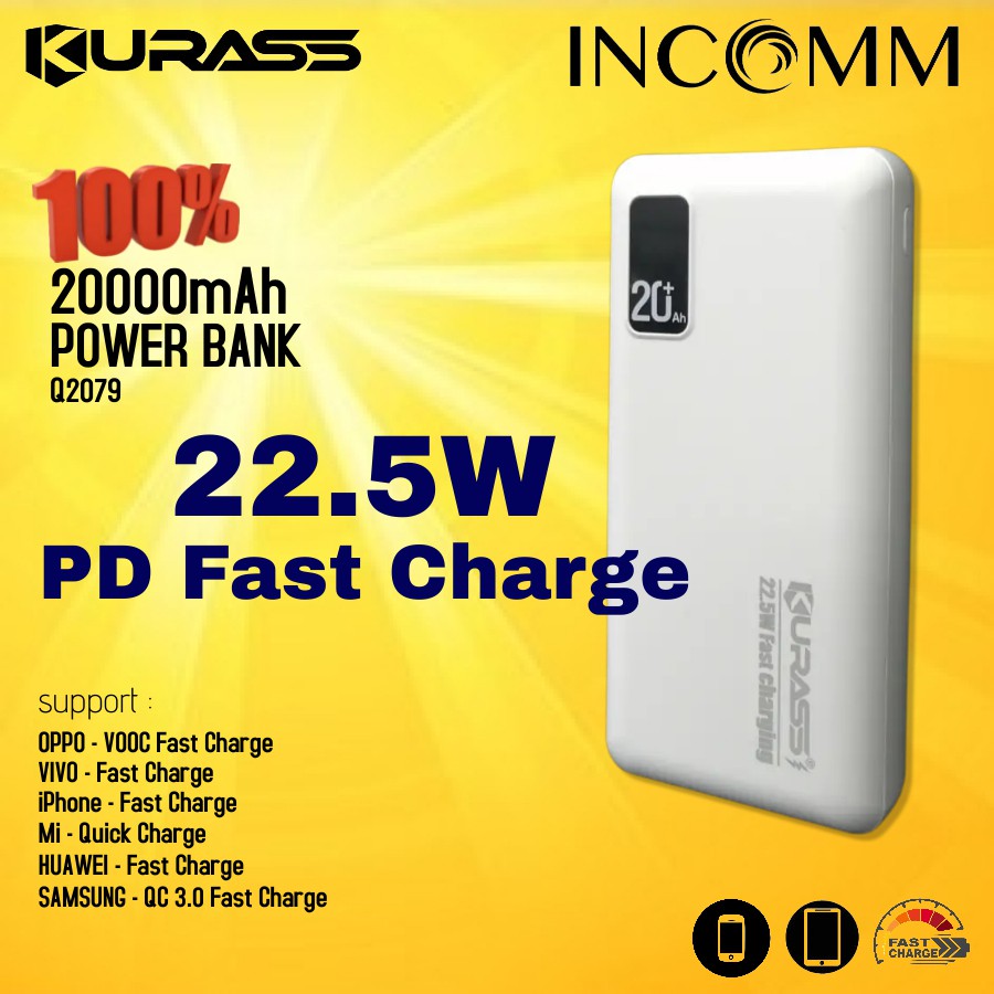 100 Original KURASS 20000mAh Q2079 PD Quick Charge Powerbank USB 22.5W