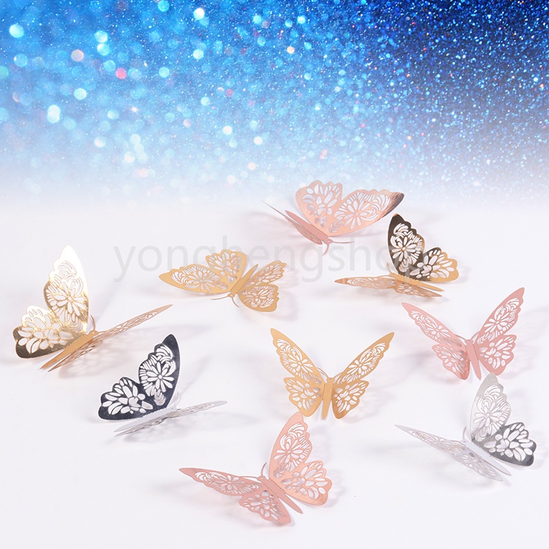 12 Pcs 3D Hollow Butterfly Paper Multisizes Silver Gold Wall Stickers ...