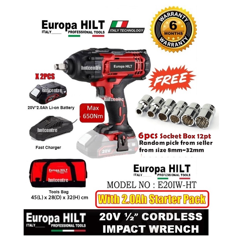 EUROPA HILT 20V CORDLESS IMPACT WRENCH WITH MAX TORQUE 650NM E20IW HT milwaukee bosch makita dewalt total TIWLI2001