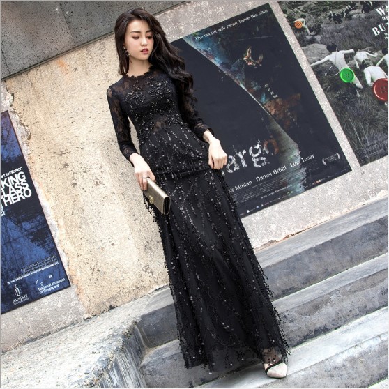 Black Lace Embroidery Long Dress Baju Kurung Moden Dinner Annual Party  Dresses | Shopee Malaysia