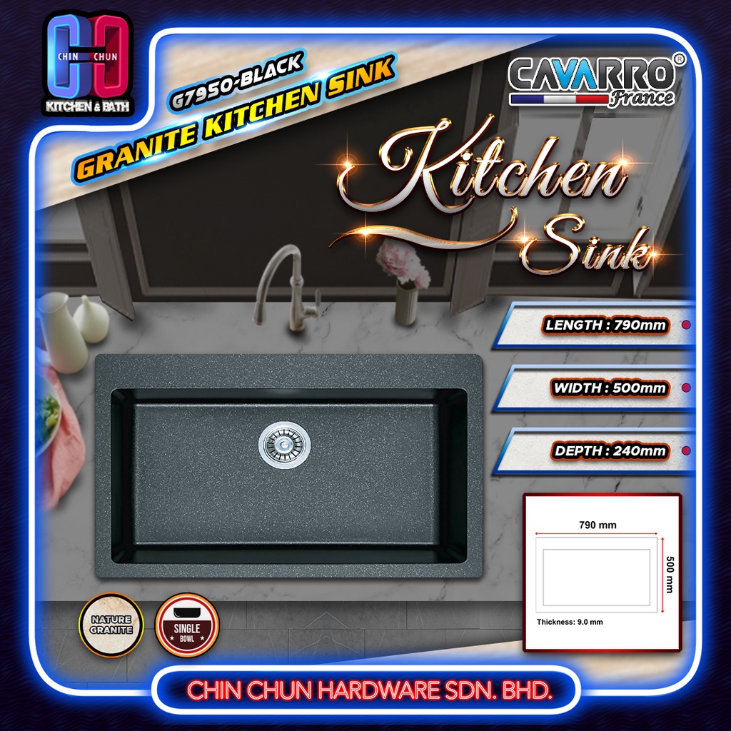 CAVARRO GRANITE SINK SINGLE G7950-BLACK / GREY | Granite Single Bowl ...